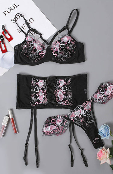 Crisscross Heart Embroidered Lingerie Set